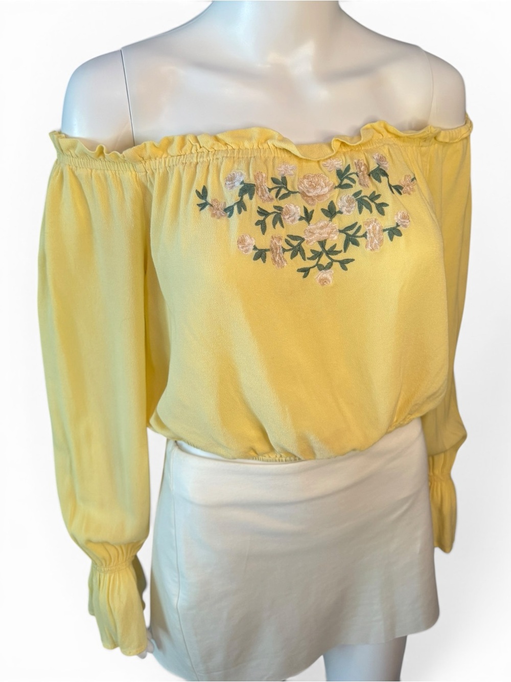 La Hearts Yellow Off-Shoulder Floral Embroidered Blouse